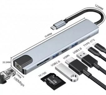 ADAPTADOR TIPO C 8 EM 1 P/ HDMI/TIPOC/USB 3.0/USB 2.0/SD/MICRO SD/LAN DEX 1381