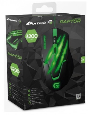 MOUSE USB GAMER FORTREK RAPTOR 3200DPI PTO/VERDE