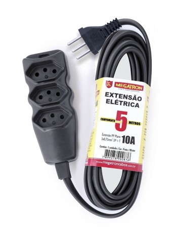 EXTENSAO ELETRICA 3 TOMADAS MEGATRON 5 METROS 10A 250V BIV 3PINOS PTO