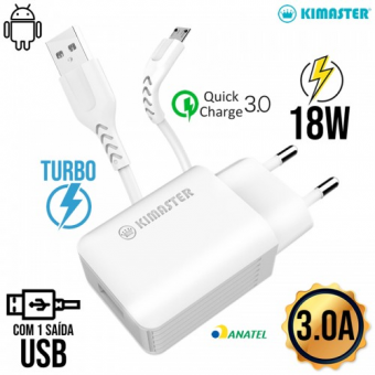 CARREGADOR DE TOMADA MICRO USB 3.0A 18W KIMASTER T108UV