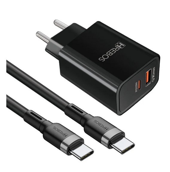 CARREGADOR DE TOMADA HREBOS CRG-232C USB E TIPO C 20W C/ CABO CINZA