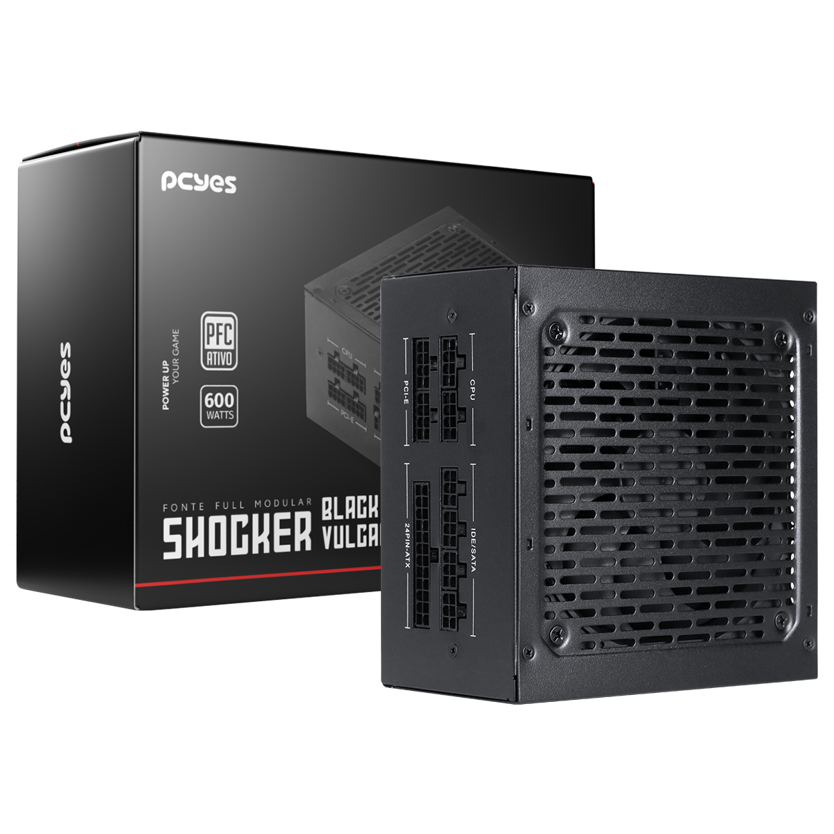 FONTE ATX 600W PCYES SHOCKER BLACK VULCAN 80PLUS STANDARD MODULAR PFC ATIVO