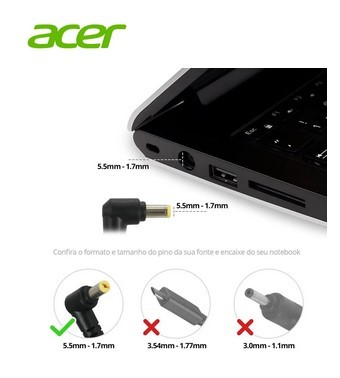 CARREGADOR P/ NOTEBOOK ACER 19V - 4.74A 90W 5.5MM - 1.7MM BEST BATTERY