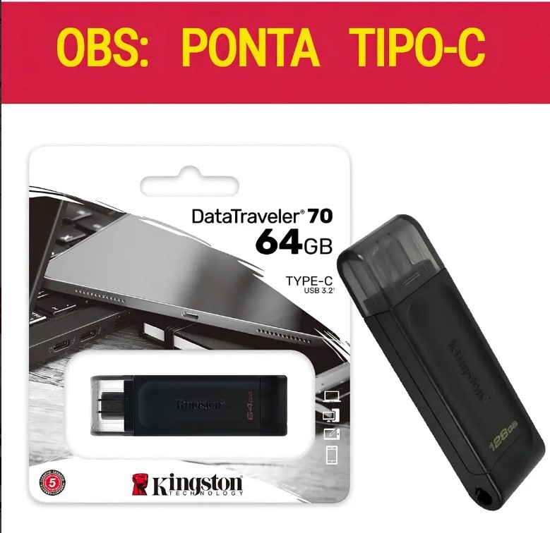 PEN DRIVE 64GB KINGSTON DATATRAVELER 70 TIPO C PRETO